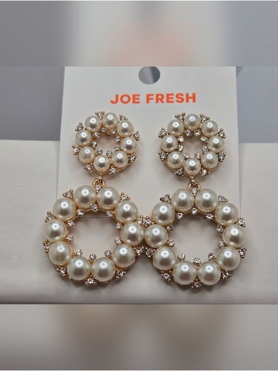 Joe Fresh Jewelry - ✨2/$10✨ Double Circle Pearl Rhinestone Earrings Gold Tone 2.75" Bride Joe Fresh